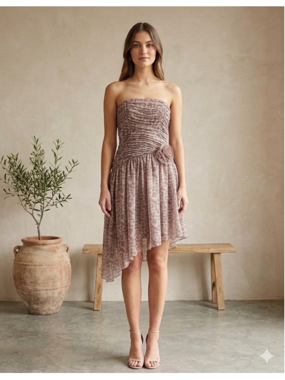 City Studio Sz 11 J Brown Animal Print Ruched Asymmetrical Hem Cocktail Dress